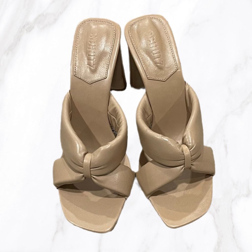 NWT Schutz Women's Fairy High Puffy Strap Heeled Sandal in True Beige, Size 10.5